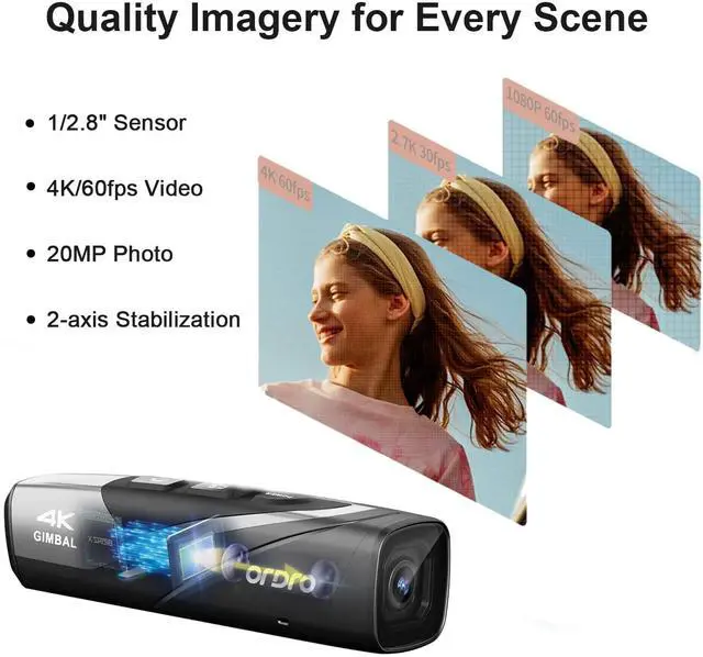 Alt view image 4 of 7 - EP8 Head Mounted Camera, 4K 60FPS Video Camera | 2-Axis Gimbal Stabilizer | Wearable Camcorder for Vlogging | WiFi & Remote Control | Includes 64GB Card