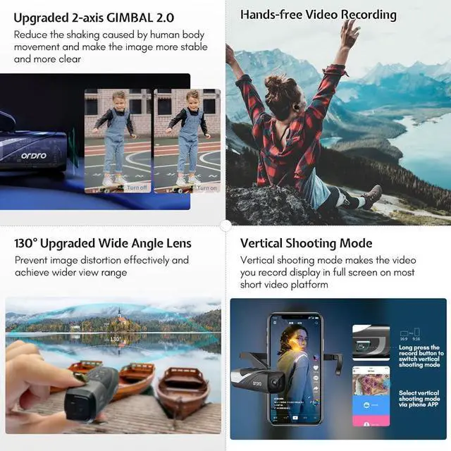 Alt view image 6 of 7 - EP8 Head Mounted Camera, 4K 60FPS Video Camera | 2-Axis Gimbal Stabilizer | Wearable Camcorder for Vlogging | WiFi & Remote Control | Includes 64GB Card