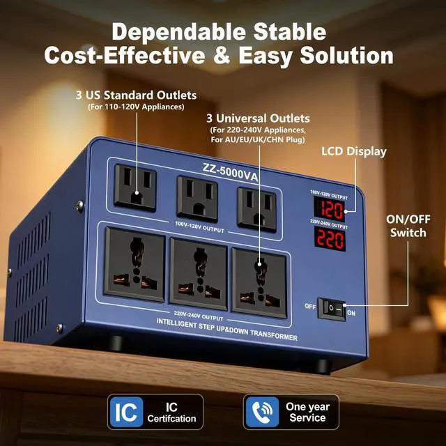 Alt view image 3 of 7 - 5000W Voltage Converter Transformer Step Up/Down 110V/120V to 220V/240V, Auto Voltage Recognition, Heavy Duty Power Converter with 6 Outlets, LCD Display & Circuit Breaker for Home, International Use