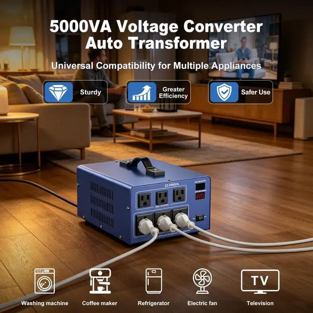 Alt view image 2 of 7 - 5000W Voltage Converter Transformer Step Up/Down 110V/120V to 220V/240V, Auto Voltage Recognition, Heavy Duty Power Converter with 6 Outlets, LCD Display & Circuit Breaker for Home, International Use