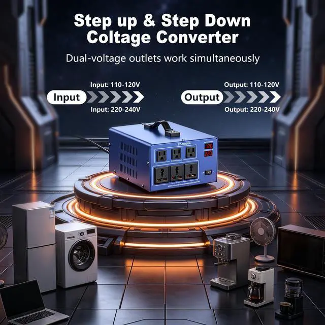 Alt view image 6 of 7 - 5000W Voltage Converter Transformer Step Up/Down 110V/120V to 220V/240V, Auto Voltage Recognition, Heavy Duty Power Converter with 6 Outlets, LCD Display & Circuit Breaker for Home, International Use
