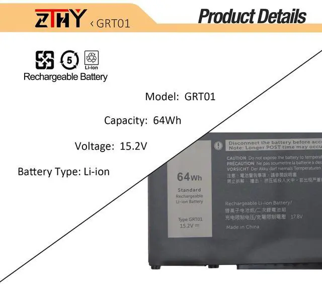 Alt view image 2 of 7 - 64Wh GRT01 Laptop Battery Replacement for Dell Latitude 5421 5431 5521 5531 | Precision 3470 3561 3571 3581 3591 Mobile Workstation Alienware m17 R5 AMD Gaming Battery 00P3TJ 0P3TJ 0R05P0 05RGW 4-Cell