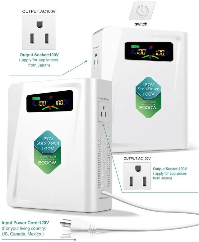 Alt view image 2 of 6 - Step Down Transformer 120v to 100v Voltage Converter 2000W, No Noise, Ten Protection Functions, Using Japan Appliances in US
