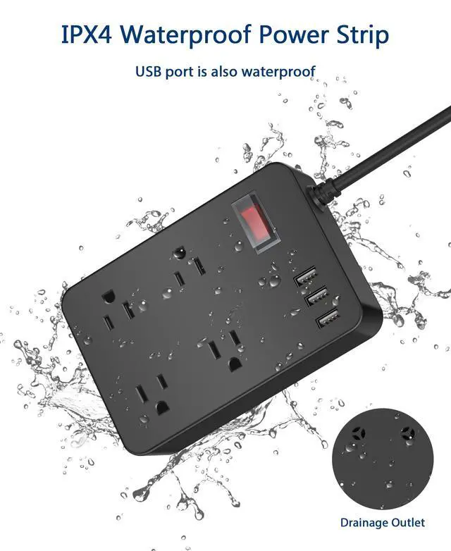Alt view image 2 of 7 - Outdoor Power Strip Weatherproof,Waterproof Surge Protector with 4 Outlets,3 USB,Shockproof Overload Protection, Multi Outlet Extension for Camping, Garden, Kitchen, Bathroom, 6ft Cord,with Flat Plug