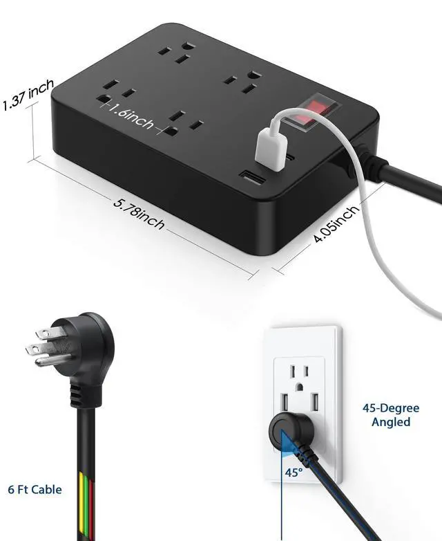 Alt view image 6 of 7 - Outdoor Power Strip Weatherproof,Waterproof Surge Protector with 4 Outlets,3 USB,Shockproof Overload Protection, Multi Outlet Extension for Camping, Garden, Kitchen, Bathroom, 6ft Cord,with Flat Plug