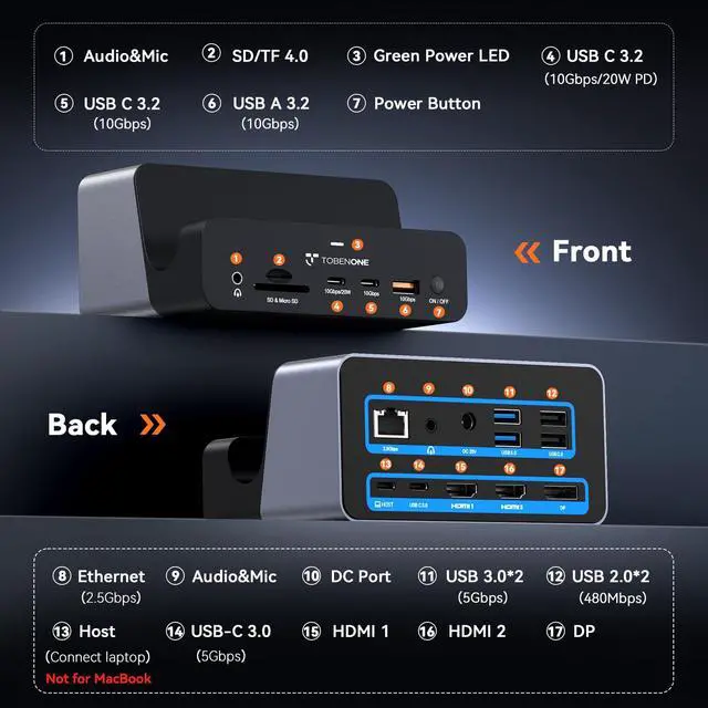 Alt view image 2 of 7 - 18-in-1 Laptop Docking Station Triple 4K with 150W Power Supply | USB C Laptop Docking Station Stand with 2.5Gbps Ethernet, 2×4K@60Hz HDMI & DP, 8 USB C/A Ports, for Windows/Dell/HP Laptops