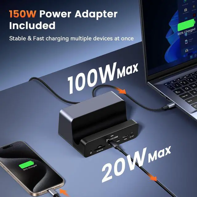 Alt view image 3 of 7 - 18-in-1 Laptop Docking Station Triple 4K with 150W Power Supply | USB C Laptop Docking Station Stand with 2.5Gbps Ethernet, 2×4K@60Hz HDMI & DP, 8 USB C/A Ports, for Windows/Dell/HP Laptops