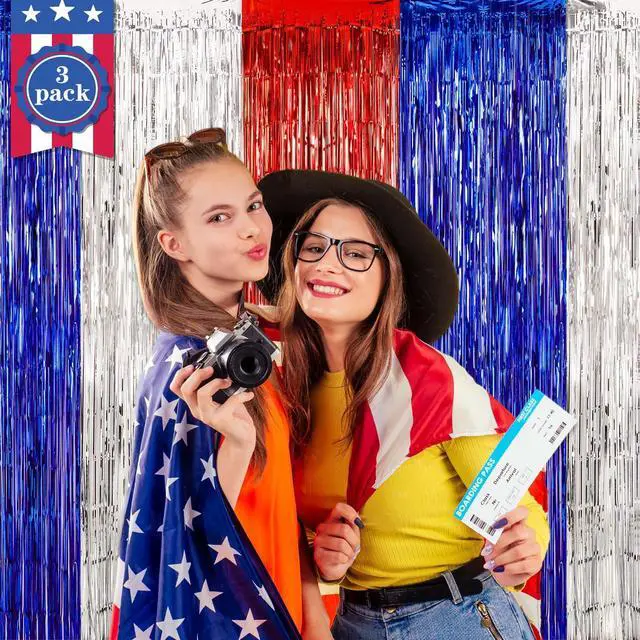 Alt view image 2 of 7 - 4th of July Decorations Red White Blue Foil Fringe Curtains, 3 Pack | Patriotic Photobooth Props, Party Backdrop, Fourth of July Streamers, USA Themed Labor Day, Veterans Day, Election Day Decor