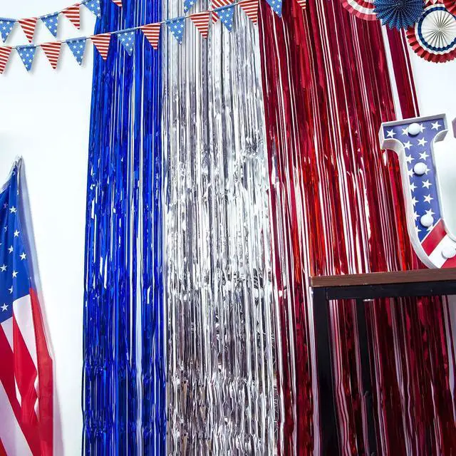 Alt view image 3 of 7 - 4th of July Decorations Red White Blue Foil Fringe Curtains, 3 Pack | Patriotic Photobooth Props, Party Backdrop, Fourth of July Streamers, USA Themed Labor Day, Veterans Day, Election Day Decor