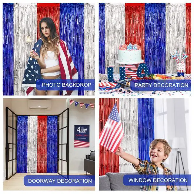Alt view image 4 of 7 - 4th of July Decorations Red White Blue Foil Fringe Curtains, 3 Pack | Patriotic Photobooth Props, Party Backdrop, Fourth of July Streamers, USA Themed Labor Day, Veterans Day, Election Day Decor