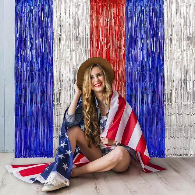 Alt view image 5 of 7 - 4th of July Decorations Red White Blue Foil Fringe Curtains, 3 Pack | Patriotic Photobooth Props, Party Backdrop, Fourth of July Streamers, USA Themed Labor Day, Veterans Day, Election Day Decor