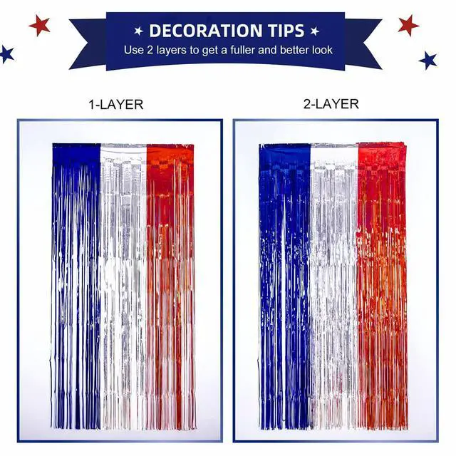 Alt view image 6 of 7 - 4th of July Decorations Red White Blue Foil Fringe Curtains, 3 Pack | Patriotic Photobooth Props, Party Backdrop, Fourth of July Streamers, USA Themed Labor Day, Veterans Day, Election Day Decor