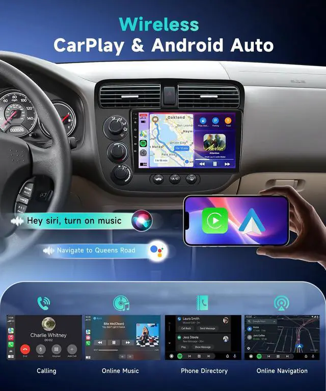 Alt view image 5 of 7 - 2G+64G Android 13 Car Stereo for Honda Civic 2001-2005 with Wireless Carplay Android Auto, 9 Inch Touch Screen Radio Support GPS, WiFi, Bluetooth, FM, SWC, Backup Camera