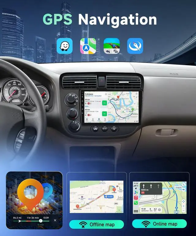 Alt view image 6 of 7 - 2G+64G Android 13 Car Stereo for Honda Civic 2001-2005 with Wireless Carplay Android Auto, 9 Inch Touch Screen Radio Support GPS, WiFi, Bluetooth, FM, SWC, Backup Camera