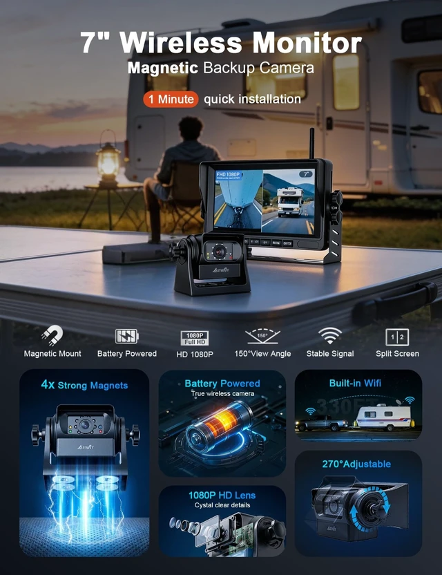Alt view image 2 of 4 - Wireless WiFi Magnetic Backup Camera 7" IPS Monitor HD 1080P Rechargeable Battery No Wiring - Rear View Reverse Monitoring Hitch Camera for Car Truck Pickup RV Camper 5th Wheel Horse Boat Trailer