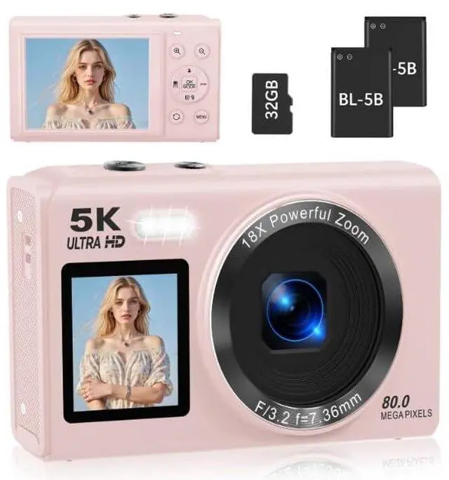 Main image of 5K Digital Camera for Photography, 80MP Dual Screen Vlogging Camera for YouTube with WiFi, 16X Digital Zoom, Beauty Function, 2.8-inch Screen, Fill Light Includes 32GB Card & 2 Batteries (Pink)