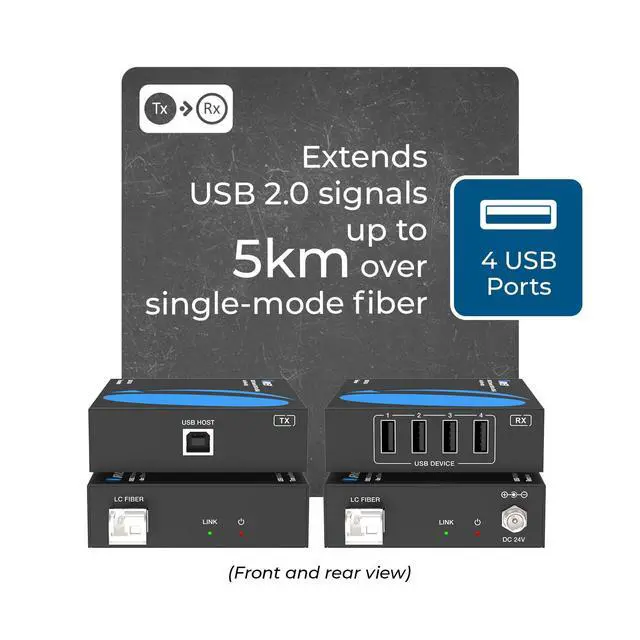 Alt view image 2 of 7 - 5KM USB 2.0 Fiber Extender 4 Port USB Extension Over Single Mode Fiber | USB Fiber Extender 4 USB Ports, 480Mbps, Plug & Play, Windows/Linux/Mac Support, 5V/1A Powered Ports