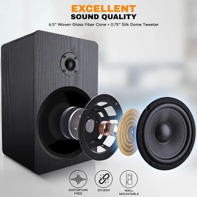 Alt view image 2 of 7 - Usa Wood Bookshelf Speaker - 200W Peak - 6.5 in Woofer -.75mm Dome Tweeter - Wall-Mountable Passive Home Theater Satellite - Audiophile Components - Superior Sound - PSMSP6 - Black, Pair