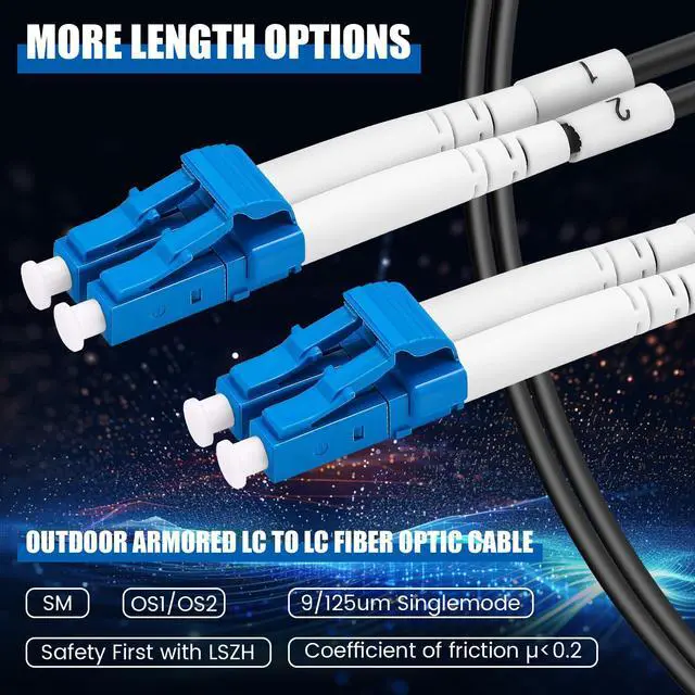Alt view image 3 of 6 - 500ft (150 Meters) Fiber Lc to Lc Outdoor Armored Fiber Optic Internet Cable 9/125um Lc Single Mode Duplex Fiber Cable Jumper, Compatible with OS1/OS2, Low Friction LSZH, Black