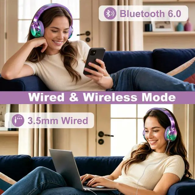 Alt view image 2 of 7 - Wired and Wireless Headphones Over Ear for Kids Teen Girls Women | 85/94dB Volume Limit, Bluetooth 6.0, Mic, 60H Playtime, Foldable, Aux Cord for School Travel, Headset for iPhone iPad Tablets