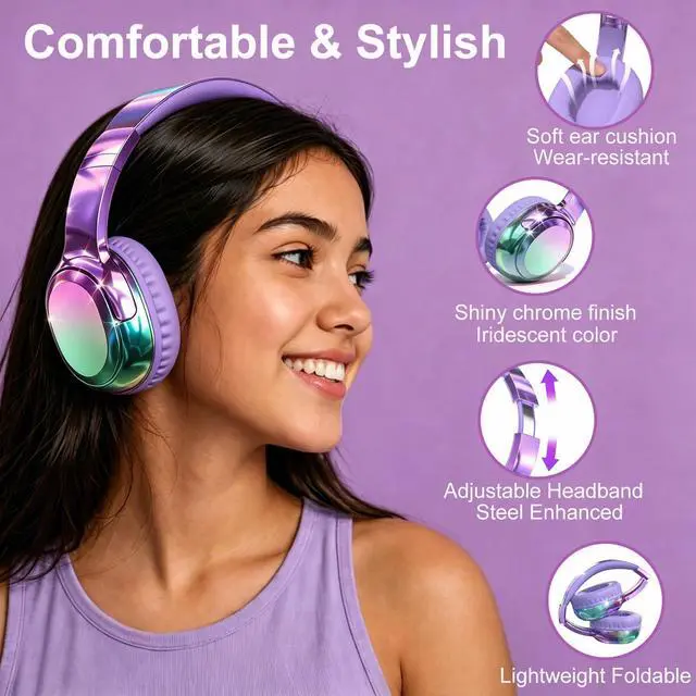 Alt view image 3 of 7 - Wired and Wireless Headphones Over Ear for Kids Teen Girls Women | 85/94dB Volume Limit, Bluetooth 6.0, Mic, 60H Playtime, Foldable, Aux Cord for School Travel, Headset for iPhone iPad Tablets