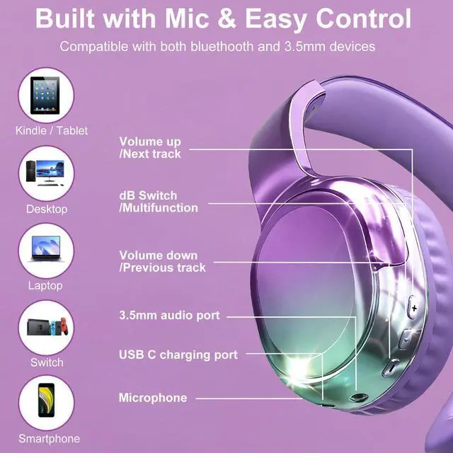 Alt view image 6 of 7 - Wired and Wireless Headphones Over Ear for Kids Teen Girls Women | 85/94dB Volume Limit, Bluetooth 6.0, Mic, 60H Playtime, Foldable, Aux Cord for School Travel, Headset for iPhone iPad Tablets