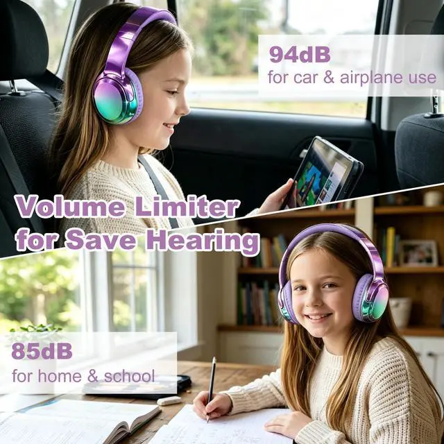 Alt view image 4 of 7 - Wired and Wireless Headphones Over Ear for Kids Teen Girls Women | 85/94dB Volume Limit, Bluetooth 6.0, Mic, 60H Playtime, Foldable, Aux Cord for School Travel, Headset for iPhone iPad Tablets