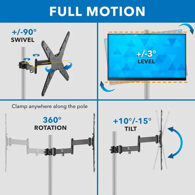 Alt view image 4 of 7 - TV Pole Mount, Full Motion Universal TV Bracket, VESA 75x75 to 400x400, Fits TVs and Monitors 32" - 55", Clamp Fits Poles from 1.1" to 1.96", Extendable Arm, for POS, Trade Shows, Gazebo