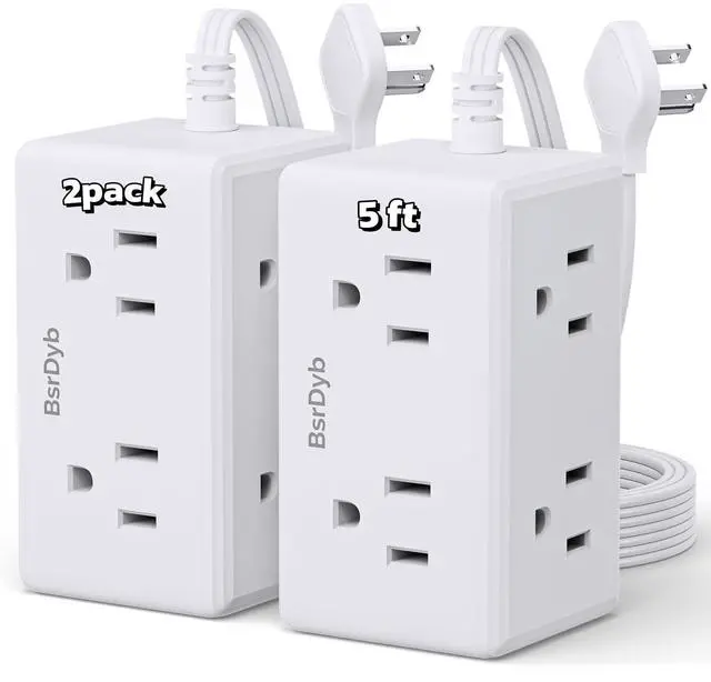 Main image of 2 Pack 5Ft Flat Plug Small Power Strip,3-Side White Extension Cord with 6 Wide Outlets Extender,No Surge Protector,Cruise Ship Essentials,Multi Plug for College Dorm Home Office Travel,Wall Mount,ETL