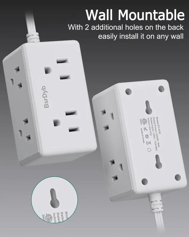 Alt view image 4 of 7 - 2 Pack 5Ft Flat Plug Small Power Strip,3-Side White Extension Cord with 6 Wide Outlets Extender,No Surge Protector,Cruise Ship Essentials,Multi Plug for College Dorm Home Office Travel,Wall Mount,ETL