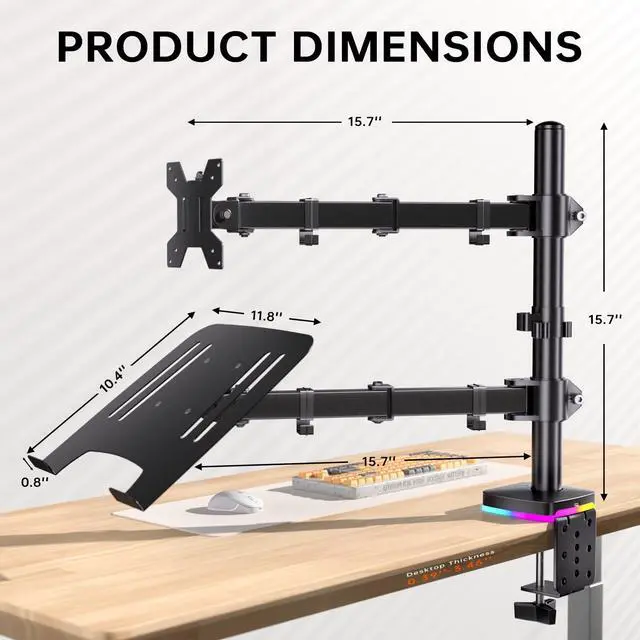 Alt view image 7 of 7 - RGB Monitor & Laptop Stand with USB Hub, Charging & Data Transfer | Fits 13-32" monitors and 11-17" laptops with a removable tray that converts to a dual monitor mount, up to 18 lb per arm