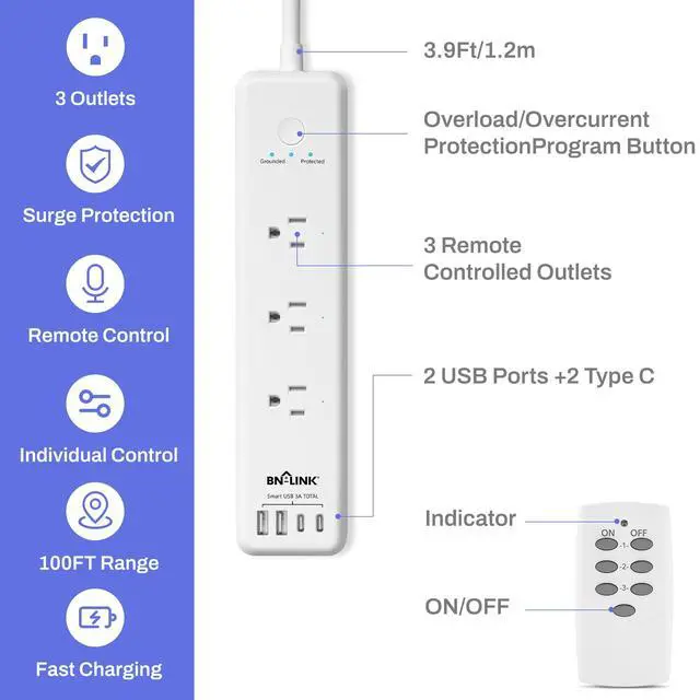 Alt view image 2 of 7 - Remote Control Power Strip with 3 Independent Outlets, 4 USBs | 20W USB-C, 3.9Ft Extension Cord, 15A/1875W Overload, Protection for Home Office