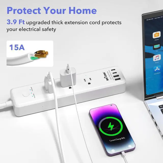 Alt view image 7 of 7 - Remote Control Power Strip with 3 Independent Outlets, 4 USBs | 20W USB-C, 3.9Ft Extension Cord, 15A/1875W Overload, Protection for Home Office