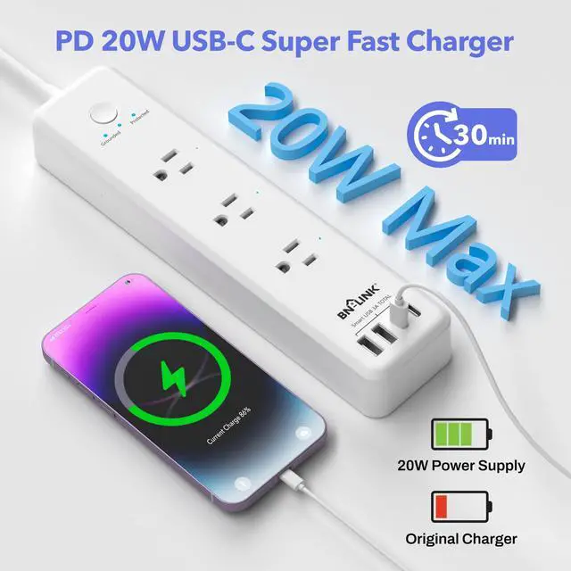 Alt view image 5 of 7 - Remote Control Power Strip with 3 Independent Outlets, 4 USBs | 20W USB-C, 3.9Ft Extension Cord, 15A/1875W Overload, Protection for Home Office