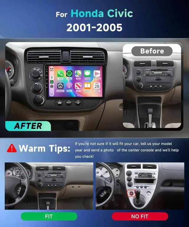 Alt view image 2 of 7 - 2G+64G Android 13 Car Stereo for Honda Civic 2001-2005 with Wireless Carplay Android Auto, 9 Inch Touch Screen Radio Support GPS, WiFi, Bluetooth, FM, SWC, Backup Camera