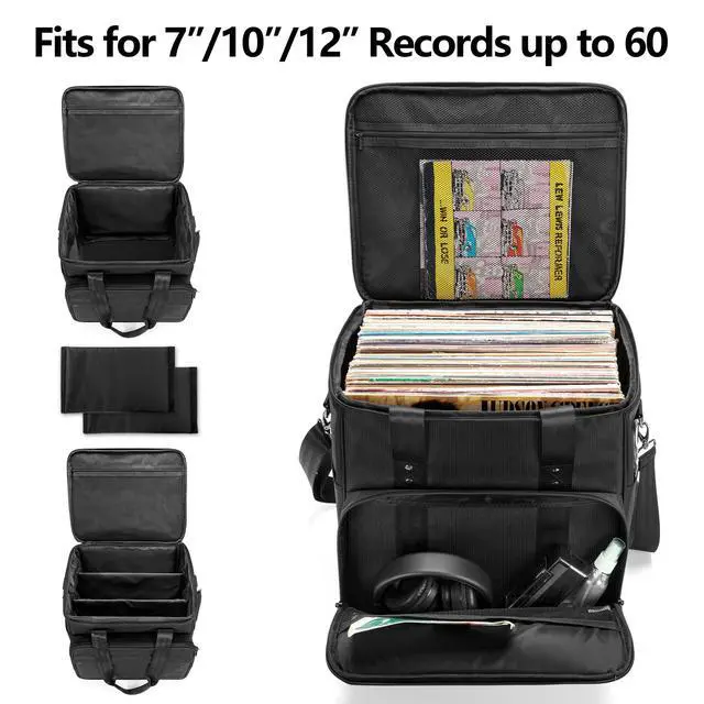 Alt view image 2 of 7 - Vinyl Record Carrying Bag Albums Storage Case with Dividers,Black | Holds up to 60 LP Records, Portable Vinyl Holder for Travel & Collection
