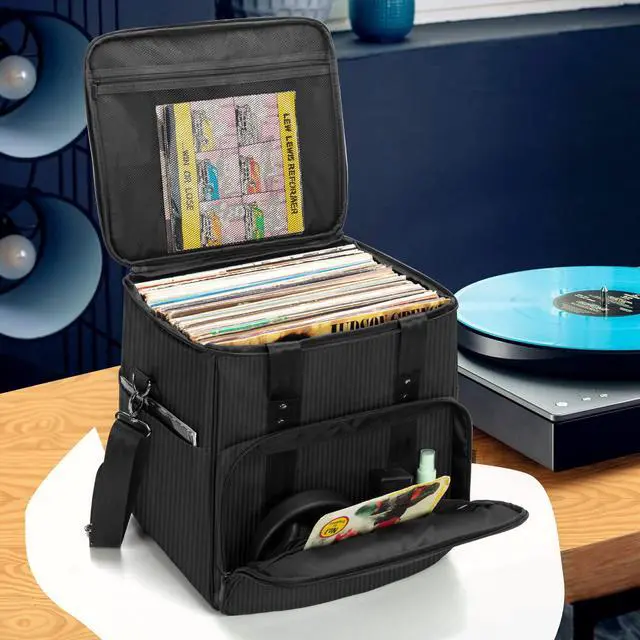 Alt view image 7 of 7 - Vinyl Record Carrying Bag Albums Storage Case with Dividers,Black | Holds up to 60 LP Records, Portable Vinyl Holder for Travel & Collection