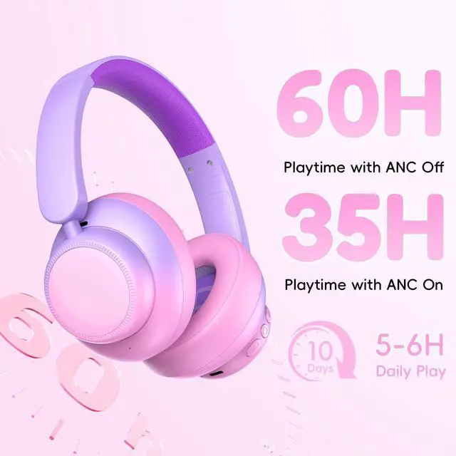 Alt view image 2 of 7 - Kids Bluetooth Headphones, Active Noise Cancelling,Gradient Pink | 60-hour playtime, Safe volume limit, Bluetooth 6.0, USB-C charging, Built-in mic, Ideal for iPads, tablets and airplane
