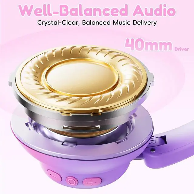 Alt view image 3 of 7 - Kids Bluetooth Headphones, Active Noise Cancelling,Gradient Pink | 60-hour playtime, Safe volume limit, Bluetooth 6.0, USB-C charging, Built-in mic, Ideal for iPads, tablets and airplane