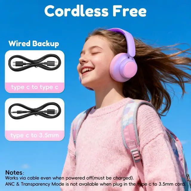Alt view image 5 of 7 - Kids Bluetooth Headphones, Active Noise Cancelling,Gradient Pink | 60-hour playtime, Safe volume limit, Bluetooth 6.0, USB-C charging, Built-in mic, Ideal for iPads, tablets and airplane