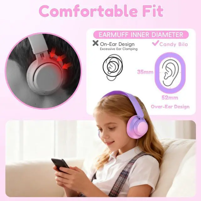 Alt view image 6 of 7 - Kids Bluetooth Headphones, Active Noise Cancelling,Gradient Pink | 60-hour playtime, Safe volume limit, Bluetooth 6.0, USB-C charging, Built-in mic, Ideal for iPads, tablets and airplane