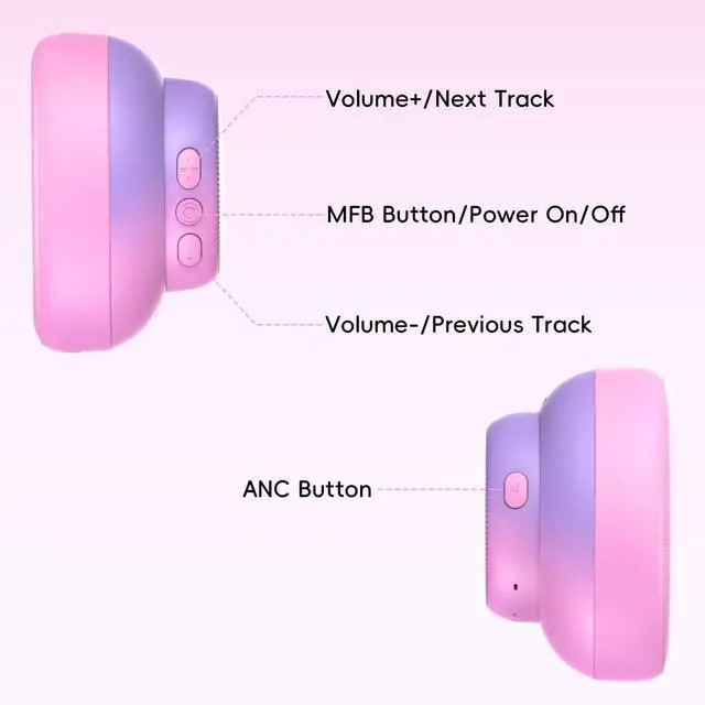 Alt view image 7 of 7 - Kids Bluetooth Headphones, Active Noise Cancelling,Gradient Pink | 60-hour playtime, Safe volume limit, Bluetooth 6.0, USB-C charging, Built-in mic, Ideal for iPads, tablets and airplane