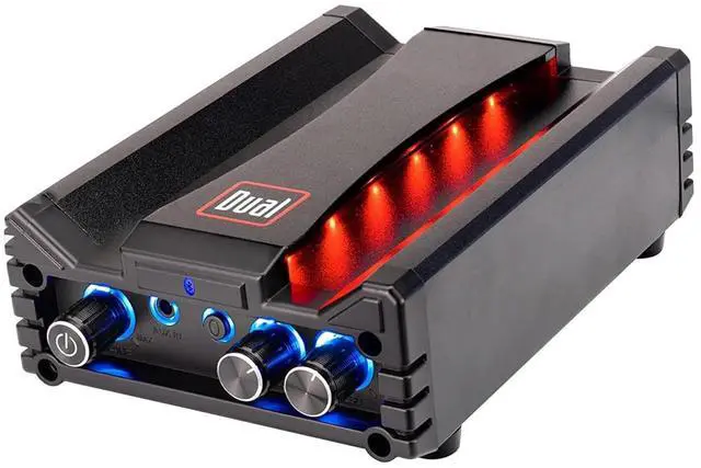 Main image of DBTMA100 Micro 2-Channel Class-D Bluetooth Amplifier | 100W peak power, up to 100ft Bluetooth range, 3.5mm AUX input, stereo RCA outputs, compact black design, for home audio