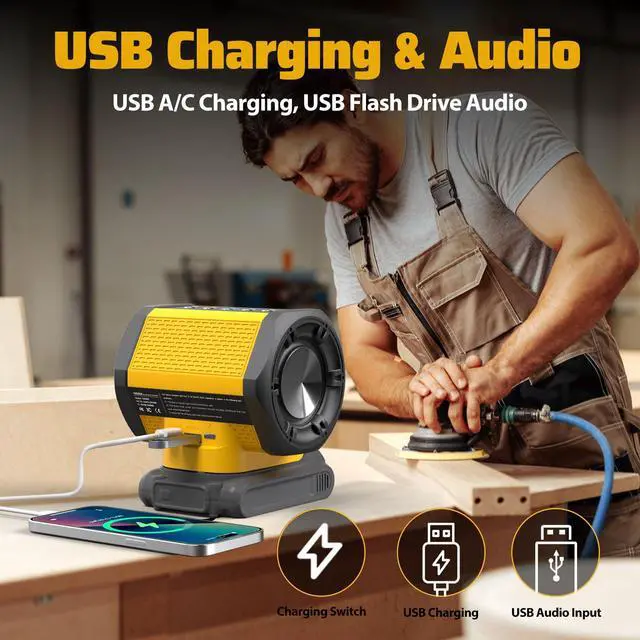 Alt view image 6 of 7 - Bluetooth Speaker Fit for DeWALT 20v Max Battery | USB-A/C Charging For Jobsite Camping Party(Battery not included)