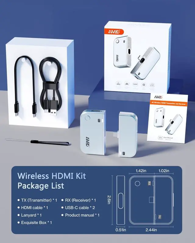 Alt view image 7 of 7 - 2027 Upgrade Type-C Wireless HDMI Transmitter and Receiver 4K, Plug & Play USB C HDMI Wireless Extender 50M, 5.8G+2.4G Video Audio Cast from Phone/Tablet/Laptop/PC to HDTV/Monitor/Projector/TV Box
