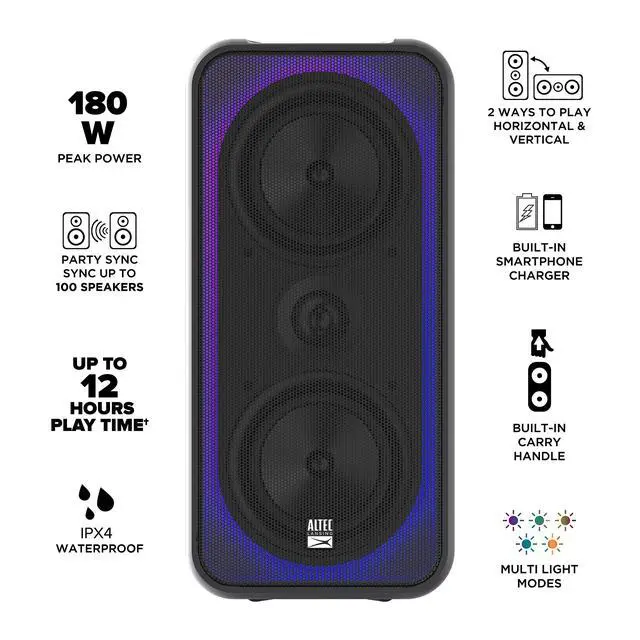 Alt view image 3 of 7 - Portable Bluetooth Speaker, 180W RMS, Deep Bass Subwoofer