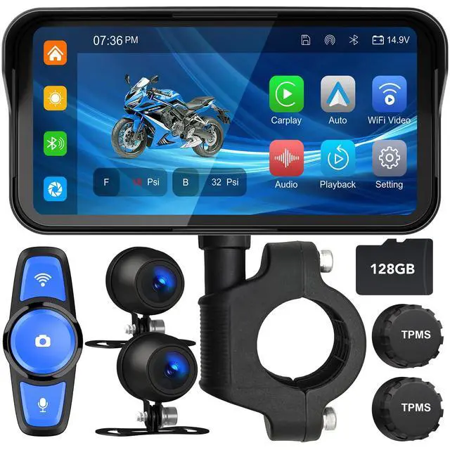 Main image of 6.25" Motorcycle Carplay with GPS Navigation System, IPS Waterproof Touchscreen, Inculed SD-128GB, TPMS, HD Touch Screen Auto and Dual 1080P Camera/Dash Cam, Support iOS/Android, BT, Siri