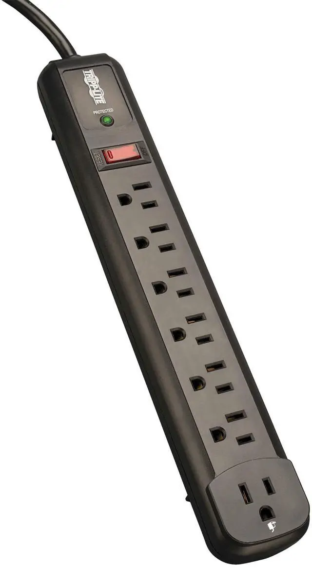 Main image of 7 Outlet (6 Right Angle + 1 Transformer Outlet) Surge Protector Power Strip, 4ft Cord, Black, & $25K INSURANCE (TLP74RB)