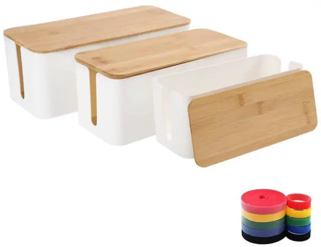 Main image of Cable Management Box Organizer, Set of 3 Bamboo Lid Storage Wires Holder to Cover Hide Surge Protector, Power Strips & Cords- with 5 Cables Fastening Tapes for Home, Office, Desk, PC, TV, USB Hub