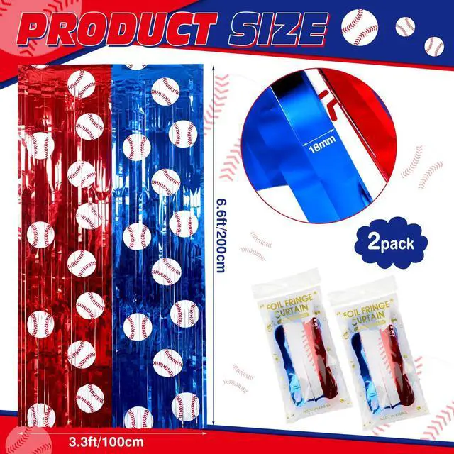 Alt view image 2 of 7 - 2 Pack Baseball Foil Fringe Curtain 3.3x6.6 ft Baseball Backdrop | Baseball Birthday Party Backdrop, Sports Team Decorations, Tinsel Curtain Photo Background, Baseball Party Banner Wall Decors